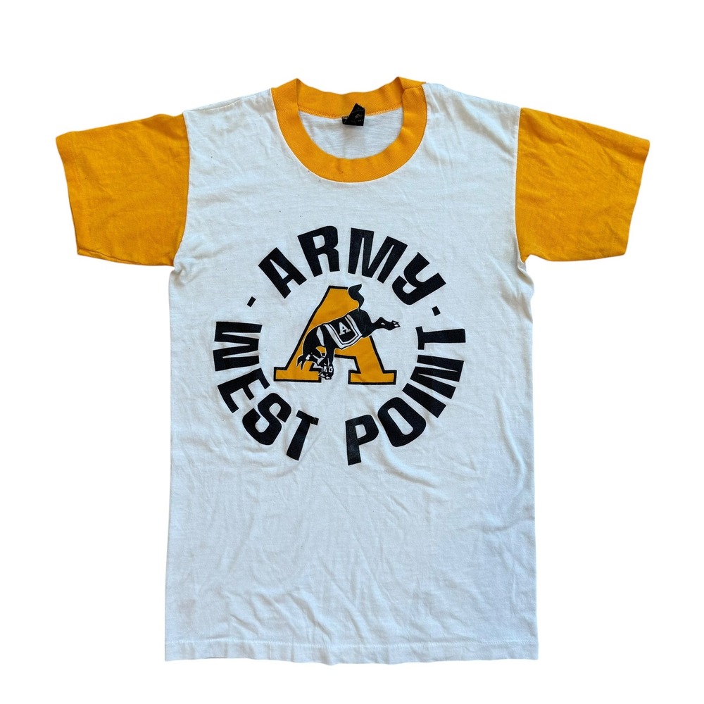 Vintage Army West Point Ringer T-Shirt Artex Small White Gold Mule Mascot‎ USA